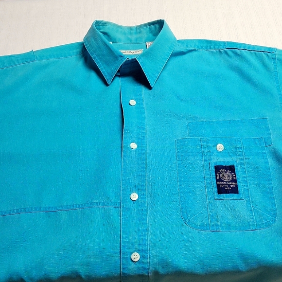 Vintage 90s Bugle Boy short sleeves,  Button down shirt, Aqua Blue Large for men - Picture 14 of 16